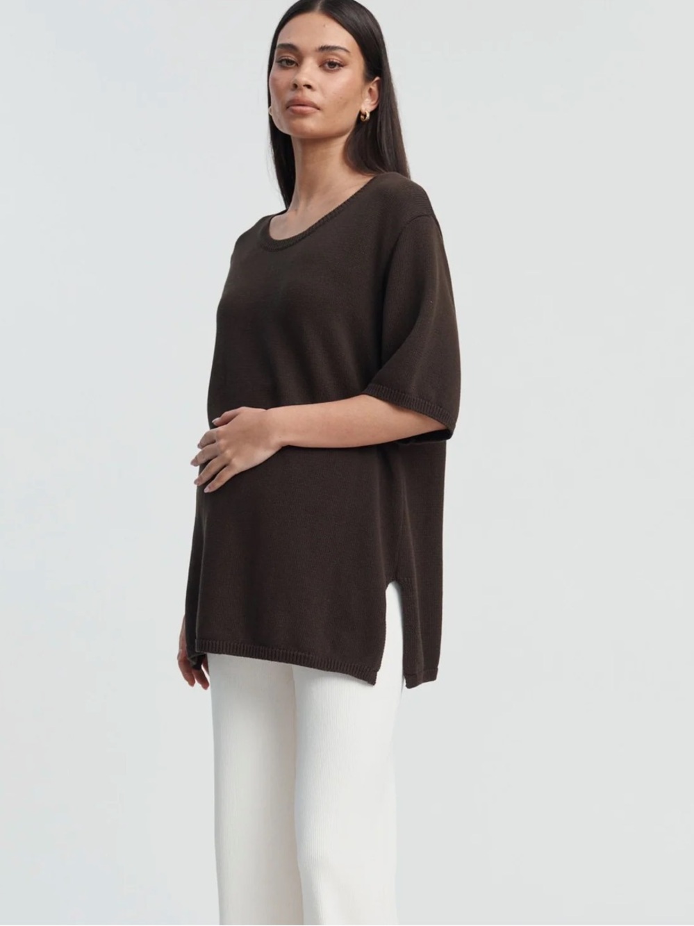 Maternity  Short Sleeve Knit Tunic in Dark Brown